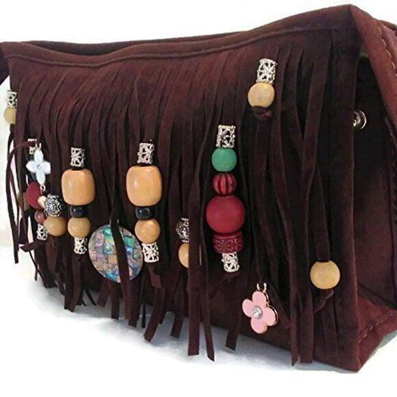 CROSSBODY BROWN Fringed Purse BOHEMIAN Luxury Gold Chain Charms Flower Gypsy NEW - Picture 7 of 15